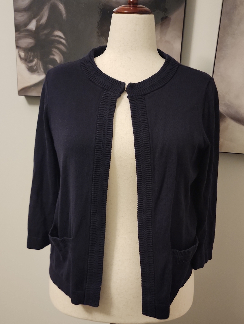 Lands' End 3/4 Sleeve Dark Navy Rib-Knit Sweater Size L